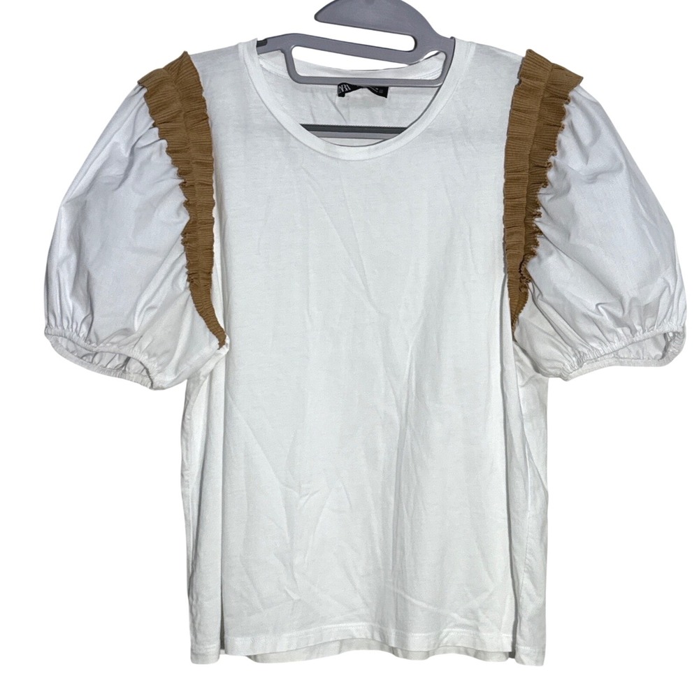 Zara Puff Sleeve Ruffle Trim Top Womens Large White/Brown Office Chic
Romantic